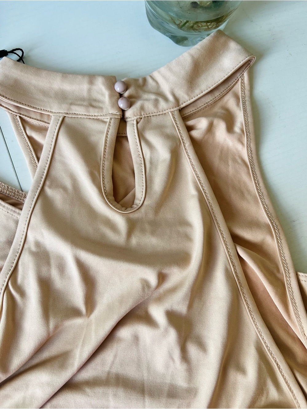 Bodysuit Nude Beige High Neck Sleeveless Minimalist Chic Stretch One Piece